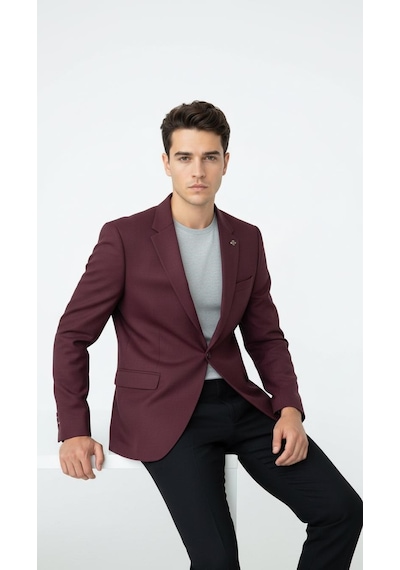 Plus Scorpion Bordo Erkek Tek Düğmeli Blazer Ceket Dokulu Kumaş, Çift Yırtmaçlı Şık Tasarım Bordo