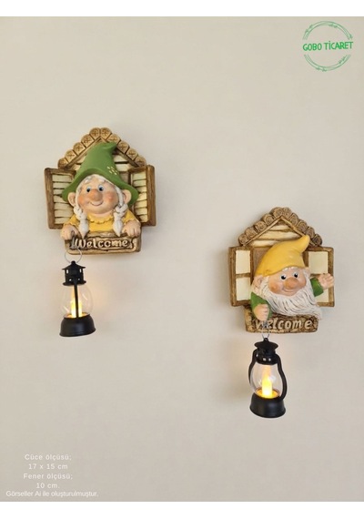 Dekoratif Fenerli Welcome Cüce Çifti 2li Set Dekoratif Kapı Ve Duvar Süsü Renk Seçenekli 17x15 Cm. Kırmızı Sarı