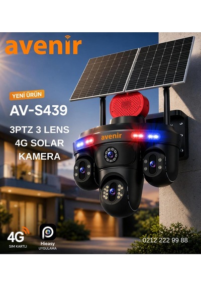 Avenir Solar Güvenlik Kamerası Tek Panel, 3 Lensli