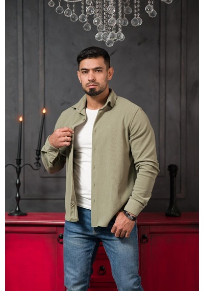 Likralı Fitilli Pamuklu Kışlık Kumaş Regular Fit Gömlek Yeşil