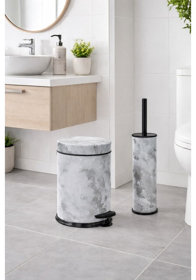 Beyaz Mermer Desenli 2'li Banyo Seti - Metal Çöp Kovası 3 Lt Ve Wc Fırçası Takımı Beyaz