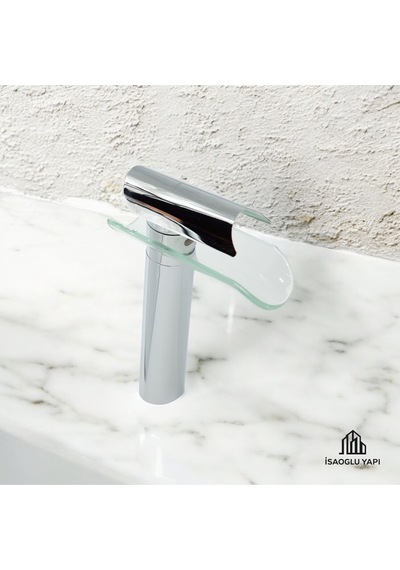 İsaoğlu Yapı Gümüş Çanak Lavabo Bataryası Glass Design Çanak Musluk Yüksek Model Krom Gümüş