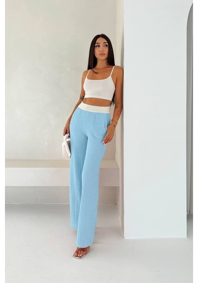 Gugus Kadın Gofre Beli Güpür Lastikli Wide Lege Yazlık Pantolon Mavi