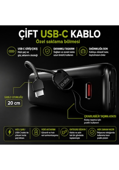 Sbs 20000 Mah Powerbank 65w Pd Lcd Ekranlı Dahili Usb-c Kablolu Laptop Uyumlu Hızlı Şarj Siyah 20.000 Mah