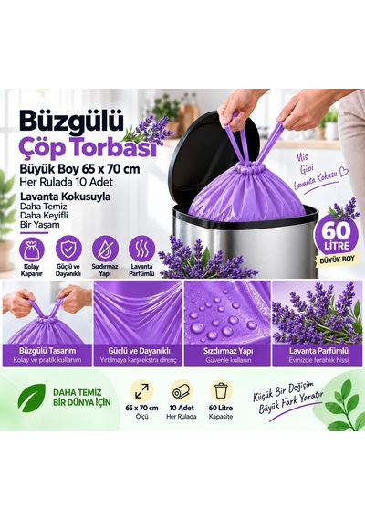 Büzgülü Çöp Torbası,büyük Boy 65x70cm,sızdırmaz,dayanıklı, Lavanta-1rulo