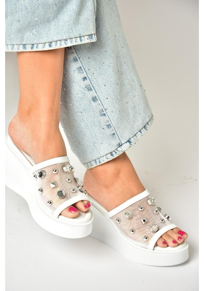 Fox Shoes U973622009 Beyaz Kalın Tabanlı Kadın Terlik Beyaz-suni Deri Beyaz