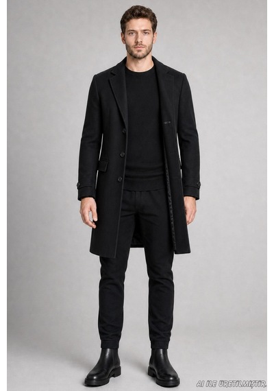Freemen Erkek Slim Fit Klasik Yaka 3 Düğmeli Uzun Kaşe Kaban-425 Siyah