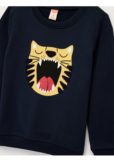Koton Pamuklu Uzun Kollu Bisiklet Yaka Kaplan Nakışlı Sweatshirt Lacivert 6wmb10088tk Lacivert