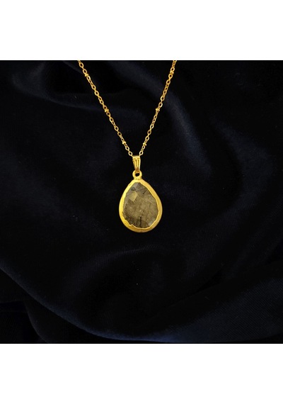 Doğal Rutil Kuvars Taşlı Damla Formlu Gold Çerçeveli Çelik Toplu Zincirli Kolye Siyah Gri