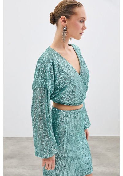 Sateen Payetli Kruvaze Bluz - Mint-135411 Mint