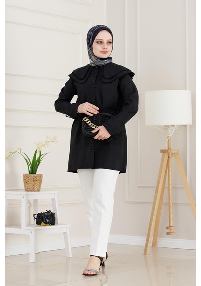 Sevitli Çift Yaka Dantelli Tunik-siyah-4981 Siyah