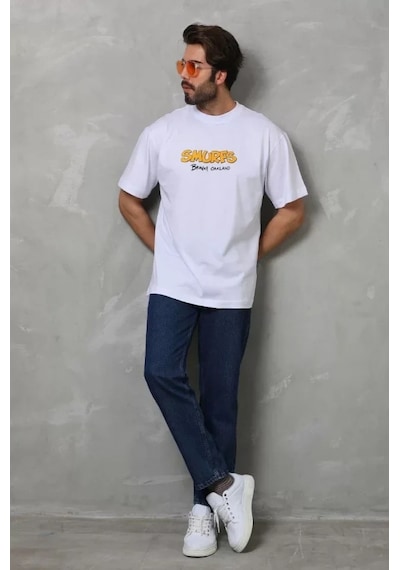 Valensdesign Unisex Bisiklet Yaka Baskılı Oversize T-shirt - Beyaz Siyah