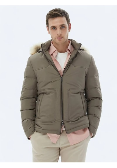 Kip Vizon Regular Fit Kapüşonlu Casual Dokuma Mont VIZON