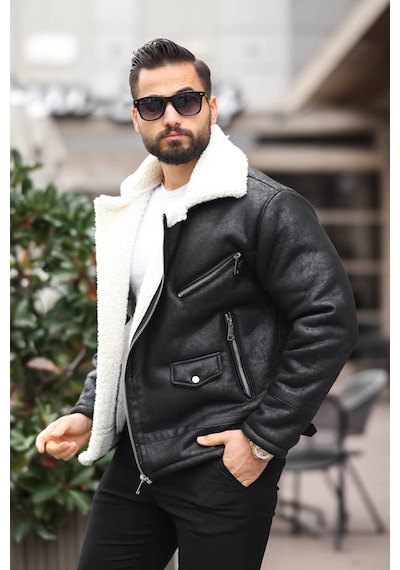 Premium İçi Komple Kürklü Biker Deri Mont Siyah Beyaz Biker
