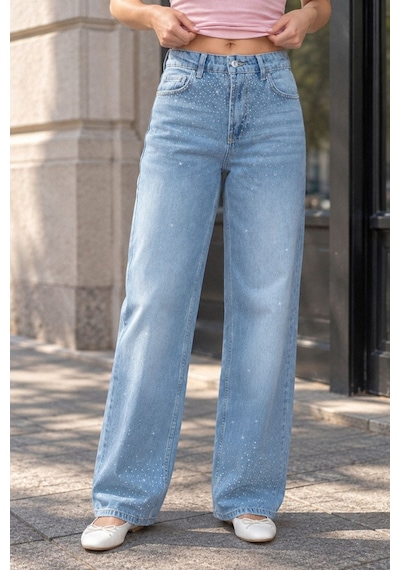 Hiccup Parıltılı Straight Fit Geniş Paça Jean Açık Mavi