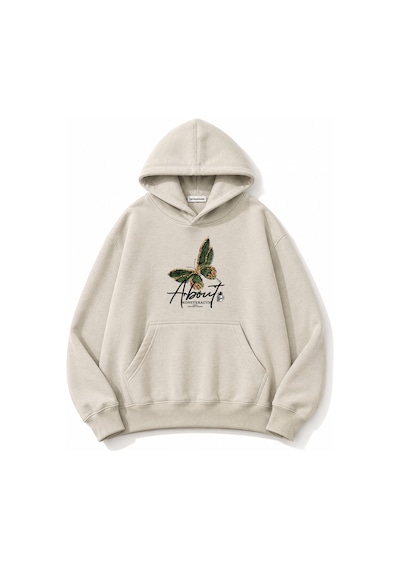 Herkesemoda Yeşil Kelebek Baskılı Kapüşonlu 2 İplik Şardonlu Sweatshirt Bej