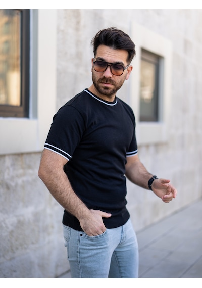 Erkek Triko Tişört Beyaz Çizgili Siyah Siyah - Beyaz