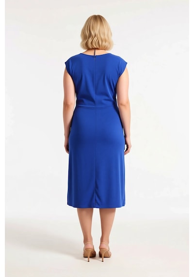 Benerly Kadın Büyük Beden Asimetrik Yaka Kolsuz Midi Bodycon Örme Elbise Saks