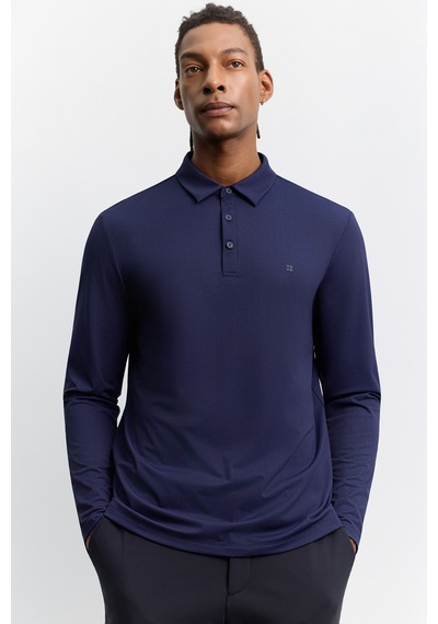Avva Erkek Lacivert Polo Yaka Düğmeli Teknik Kumaş Uzun Kol Basic Regular Fit T-shirt A62y1014