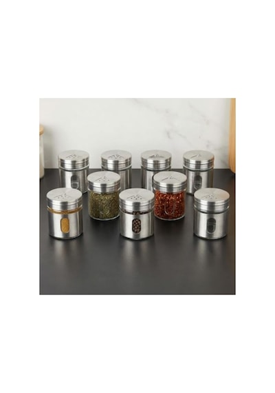 Deconox 12'li Metal Kaplı Cam Baharatlık Seti 60 Ml - Döner Başlıklı Paslanmaz Çelik Baharat Takımı 7009