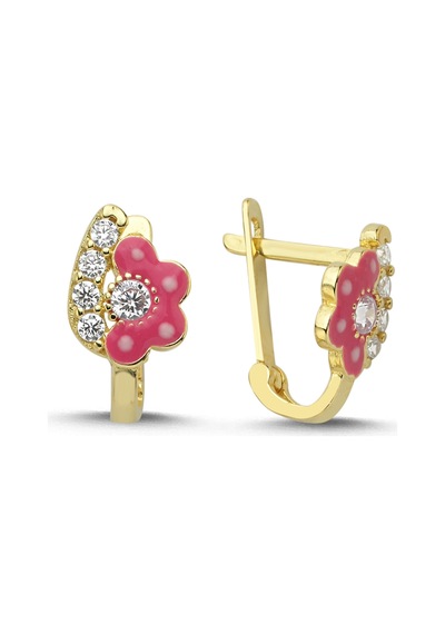 14 Ayar Taşlı Pembe Çiçek Tasarım Çocuk Altın Küpe Sarı