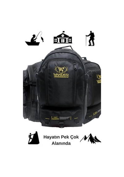 571 Collections Meschaın Wander 50 Lt Su Geçirmez Kumaş Trekking Yarı Dağcı Seyahat Avcı Kampcı Bisiklet Yürüyüş Körüksüz Sırt Çanta Siyah Açık Altın