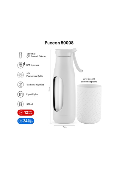 Puccon 500 Ml Pipetli Beyaz Çelik Matara/termos - Silikon Gövdeli Plus - 50008