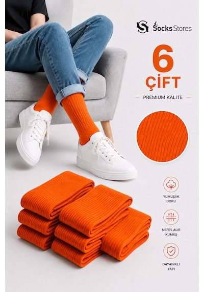 Socks Stores 6 Çift Unisex Renkli Pamuklu Soket Çorap - Renkli Tenis Boy Çorap Turuncu