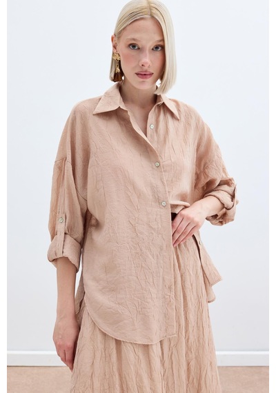 Sateen Kol Detaylı Salaş Gömlek - Pudra-136246 Pudra