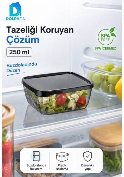 Kare Saklama Kabı 250 Ml 10x10x4 Cm Füme Şeffaf Siyah Kapaklı Bpa İçermez