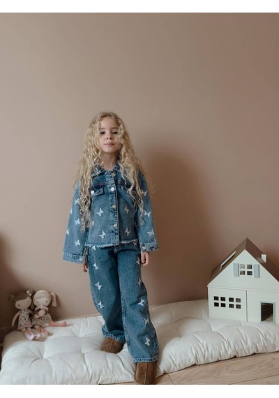 Miniko Kids Kız Çocuk Kelebek Modelli Kot Ceketli Takım Mavi