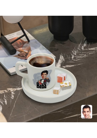 Kişiye Özel Sunum Tabaklı Baba Godfather Karikatürlü Türk Kahvesi Fincanı Model 7
