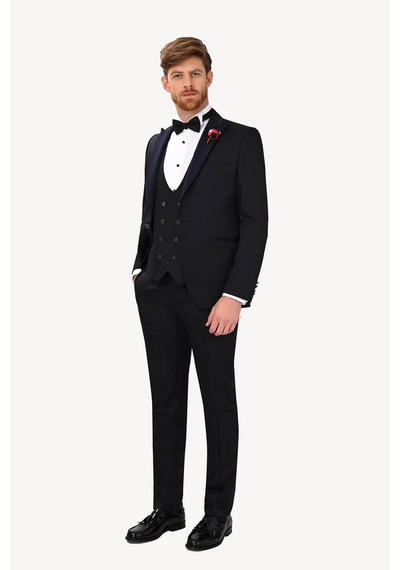 Ysf Erkek Lacivert Slim Fit Yelekli Çıkma Şal Yaka Damatlık