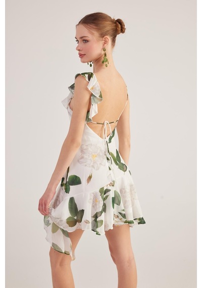 Holly Lolly Asimetrik Kesim Sırt Dekolteli Çiçekli Gigi Elbise Beyaz