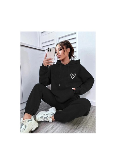 Tarzsokak Siyah Kalp Dijital Baskılı Kışlık Unisex Eşofman Takımı