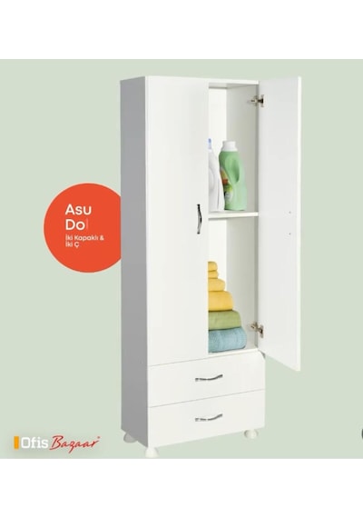 Çok Amaçlı Banyo Dolabı - 2 Kapaklı , 2 Çekmekceli Dolap Beyaz