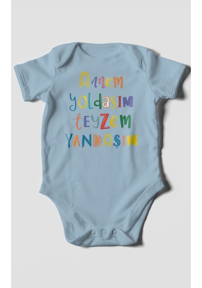 Annem Yoldaşım Teyzem Yandaşım Baskılı Bebek Zıbını Çıtçıtlı Body %100 Pamuk Kısa Kol Bebe Mavisi
