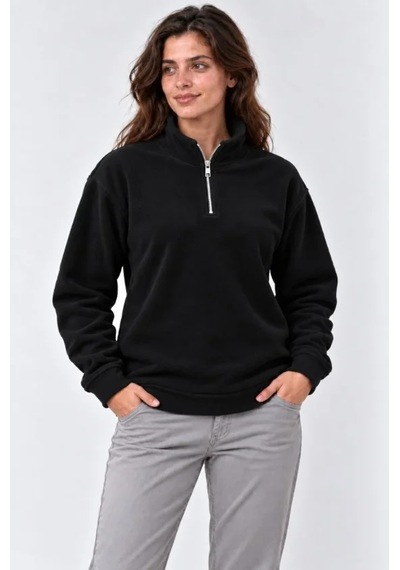 Polar Dik Yaka Yarım Fermuarlı Uzun Kollu Regular Fit Kışlık Sweatshirt - Siyah