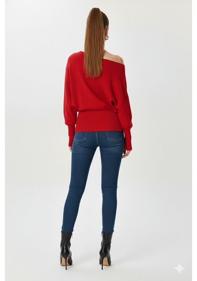 Fiolin Omuzu Açık Off Shoulder Triko Kazak Kırmızı