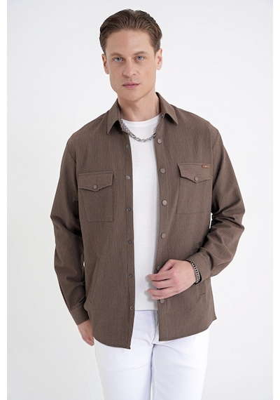 Comfort Fit Yan Cepli Esnek İnce Çizgili Camel Gömlek Ceket G 1608