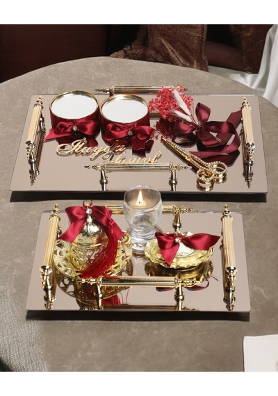 Reverence Gold 4 Kulplu Söz Tepsisi Ve Damat Kahve Fincanı Kırmızı Kırmızı