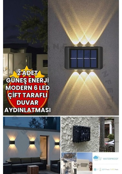2 Adet - Modern 6 Ledli Solar Çift Taraflı Aplik Güneş Enerjili Duvar Aydınlatma Lambası Gün Işığı Diğer