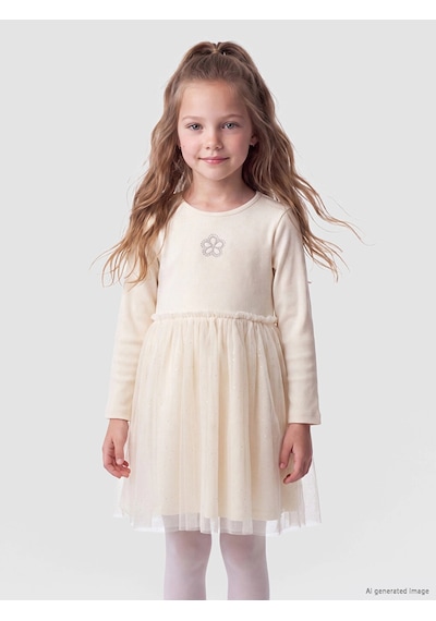 LC Waikiki Lcw Kids Ekru Taş İşlemeli Bisiklet Yaka Tül Detaylı Kız Çocuk Elbise Cream
