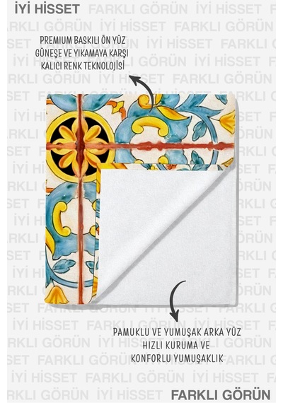 Çini Desenli Etnik Floral Plaj Havlusu - Akdeniz Bohem Mavi Sarı Hızlı Kuruyan Mikrofiber Havlu Sakin Esinti