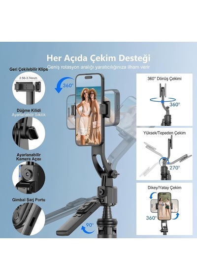 Profesyonel Tripod Ve Selfie Çubuğu, 360 Yapay Zeka Yüz Takibi, Aı Hareketle Komut, 1/4 Vidalı, Canlı Yayın, Vlog, Fotoğraf, Uzaktan Kumandalı,160cm C17