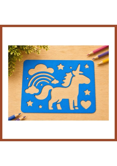 Bezos 3d Baskı Unicorn Ve Gökkuşağı Çizim Şablonu - Desen Kalıbı - Mavi Pro