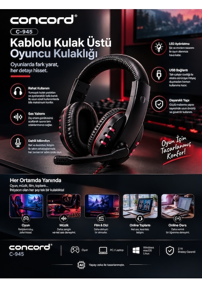 Concord C-945 Kablolu Kulak Üstü Oyuncu Kulaklığı Usb Led Aydınlatmalı Mikrofonlu Gaming Kulaklık