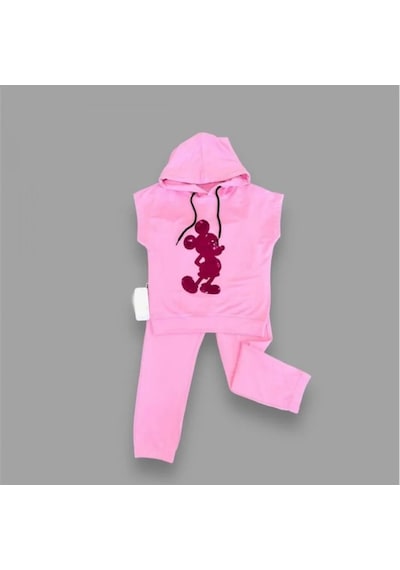 Pekminibebe 3-4-5 Yaş Kapşonlu Payetli Mickey Desenli Kısa Kol 2li Kız Erkek Çocuk Takımı Pembe