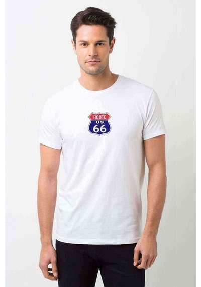 Route 66 Logo Baskılı Beyaz Erkek Tshirt
