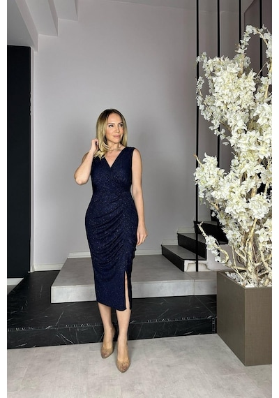 Ges Moda G0909 Drape Detaylı Simli Abiye Elbise Lacivert-lacivert